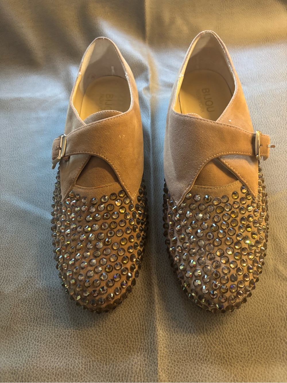 Bijou Crystal-Embellished Tan Suede Loafers